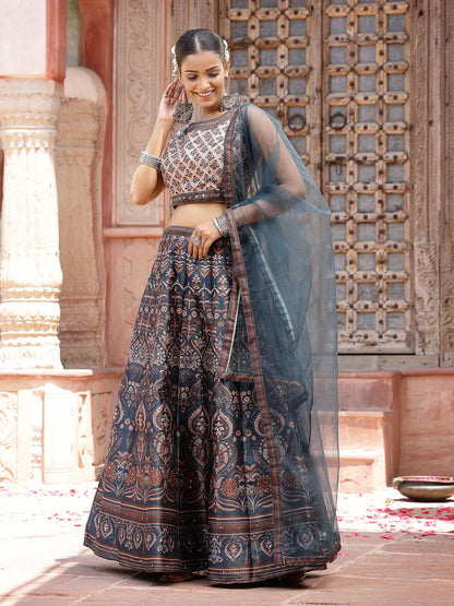 PRINTED SILK BLEND LEHENGA DUPATTA WITH BLOUSE