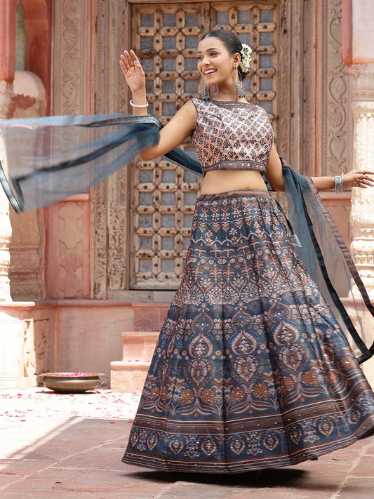 PRINTED SILK BLEND LEHENGA DUPATTA WITH BLOUSE