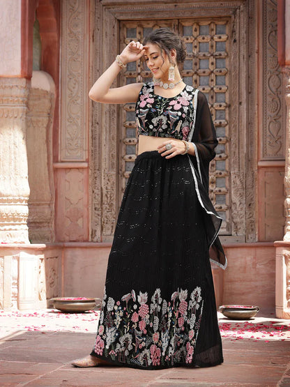 SOLID & EMBROIDERED GEORGETTE LEHENGA DUPATTA WITH BLOUSE