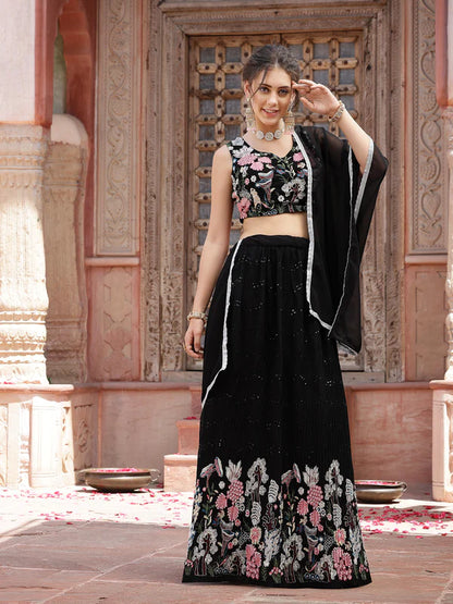 SOLID & EMBROIDERED GEORGETTE LEHENGA DUPATTA WITH BLOUSE