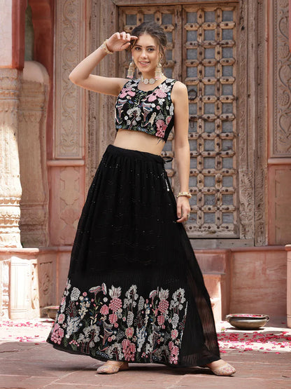 SOLID & EMBROIDERED GEORGETTE LEHENGA DUPATTA WITH BLOUSE