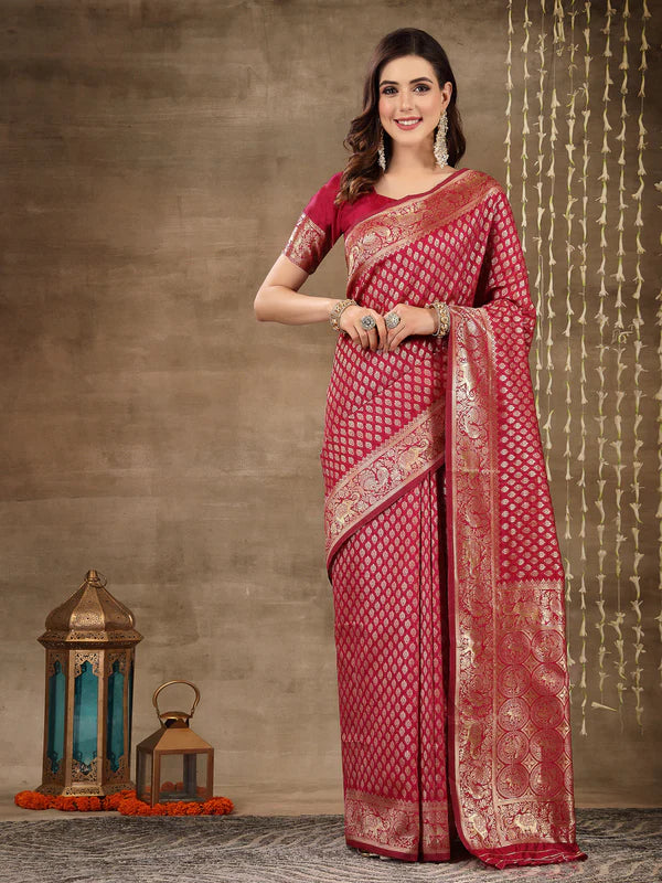 PINK ETHNIC MOTIFS WOVEN DESIGN ZARI SILK BLEND BANARASI SAREE