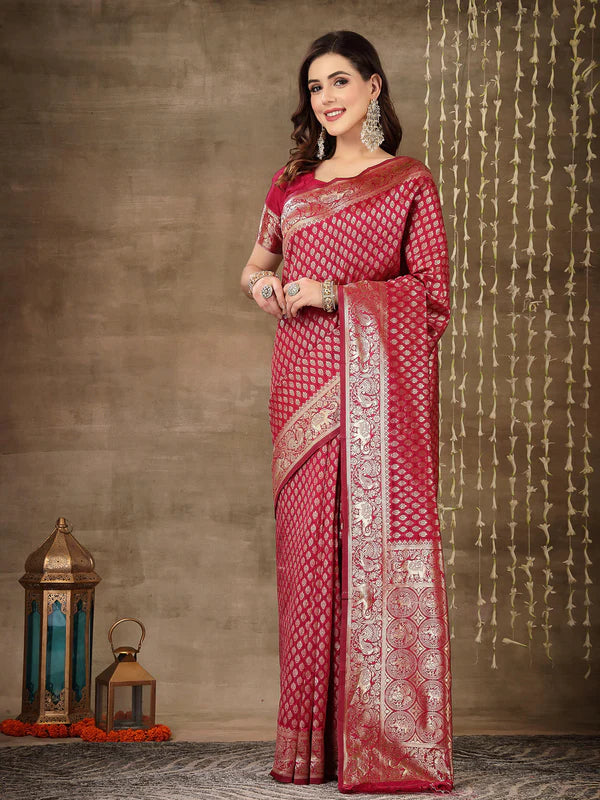 PINK ETHNIC MOTIFS WOVEN DESIGN ZARI SILK BLEND BANARASI SAREE