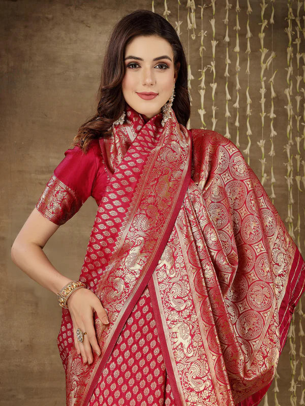 PINK ETHNIC MOTIFS WOVEN DESIGN ZARI SILK BLEND BANARASI SAREE