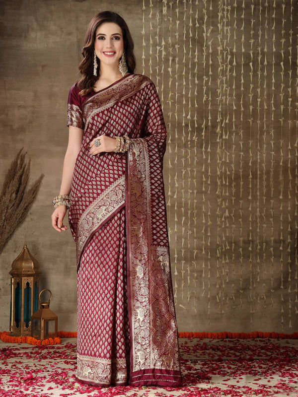 WINE ETHNIC MOTIFS WOVEN DESIGN ZARI SILK BLEND BANARASI SAREE