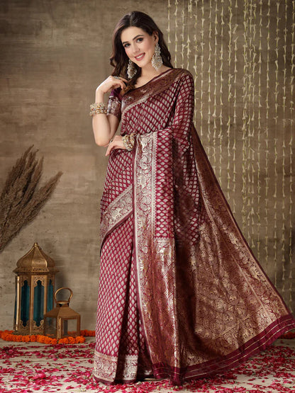 WINE ETHNIC MOTIFS WOVEN DESIGN ZARI SILK BLEND BANARASI SAREE