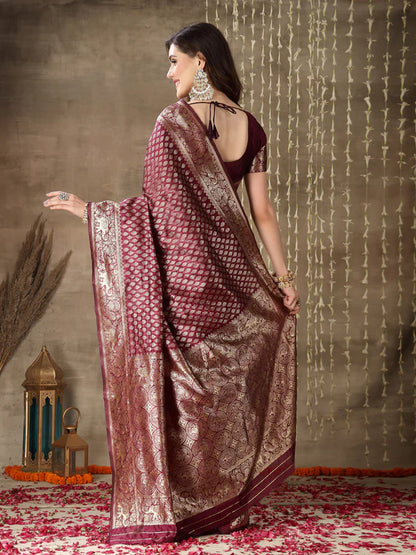 WINE ETHNIC MOTIFS WOVEN DESIGN ZARI SILK BLEND BANARASI SAREE