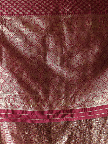 WINE ETHNIC MOTIFS WOVEN DESIGN ZARI SILK BLEND BANARASI SAREE