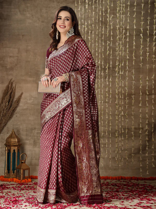 WINE ETHNIC MOTIFS WOVEN DESIGN ZARI SILK BLEND BANARASI SAREE