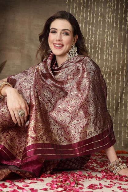 WINE ETHNIC MOTIFS WOVEN DESIGN ZARI SILK BLEND BANARASI SAREE