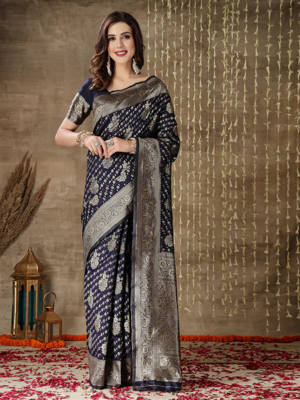 BLUE ETHNIC MOTIFS WOVEN DESIGN ZARI SILK BLEND BANARASI SAREE