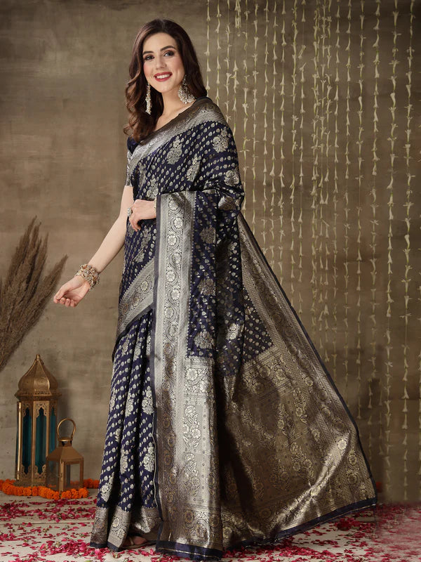 BLUE ETHNIC MOTIFS WOVEN DESIGN ZARI SILK BLEND BANARASI SAREE