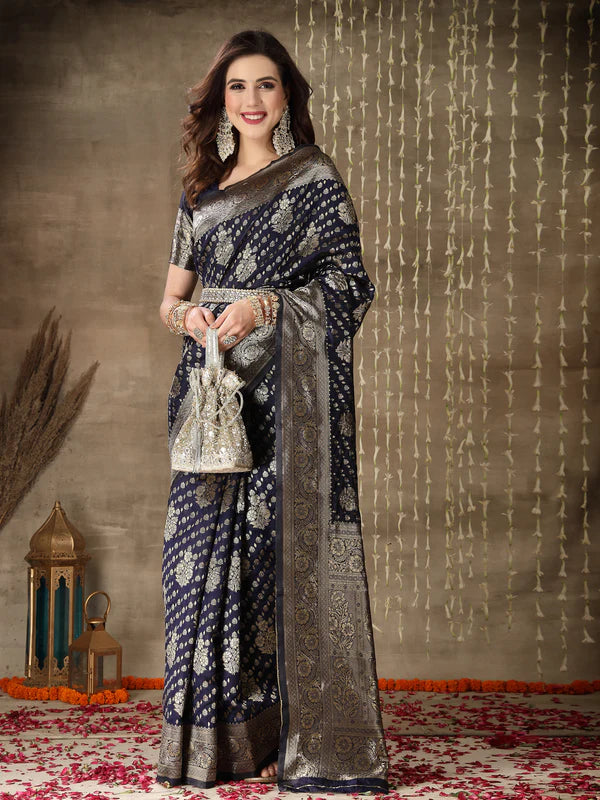 BLUE ETHNIC MOTIFS WOVEN DESIGN ZARI SILK BLEND BANARASI SAREE