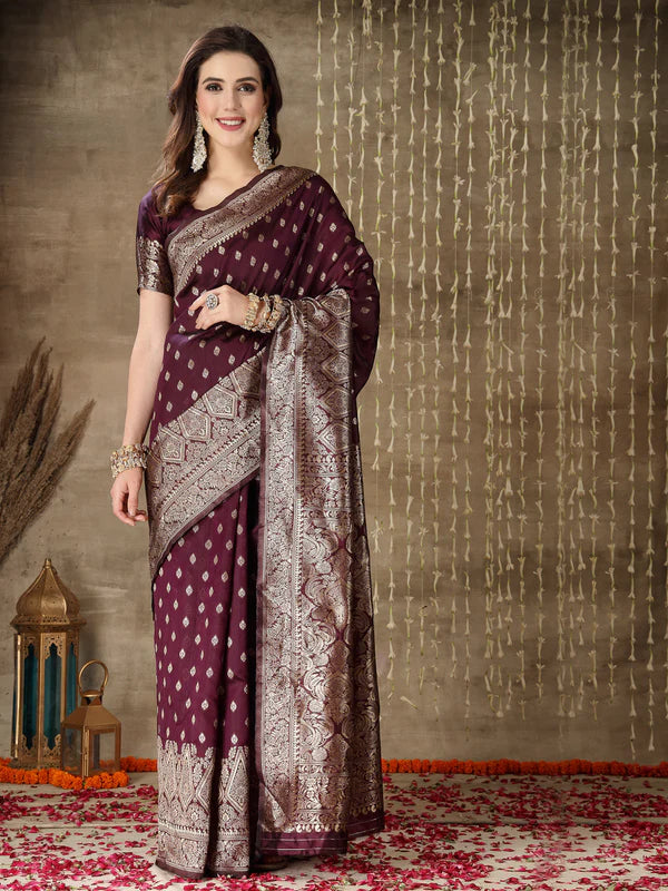 WINE ETHNIC MOTIFS WOVEN DESIGN ZARI SILK BLEND BANARASI SAREE