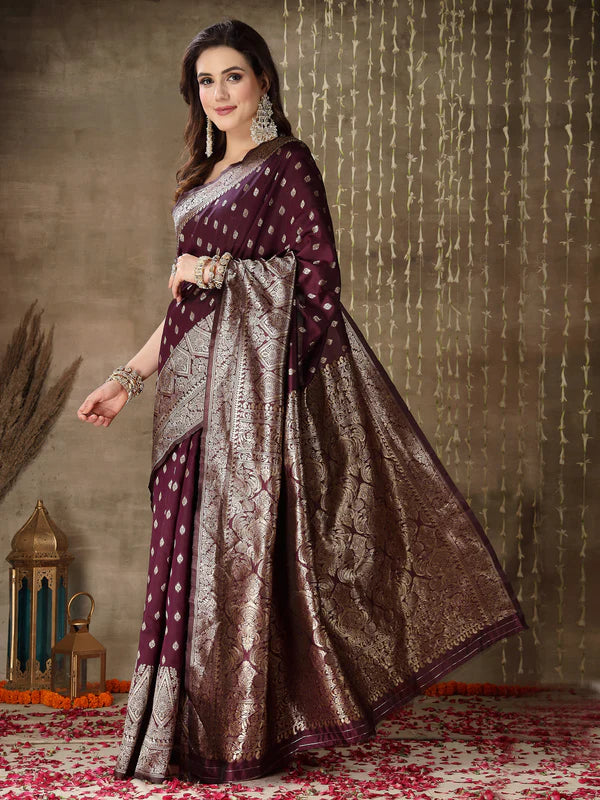 WINE ETHNIC MOTIFS WOVEN DESIGN ZARI SILK BLEND BANARASI SAREE