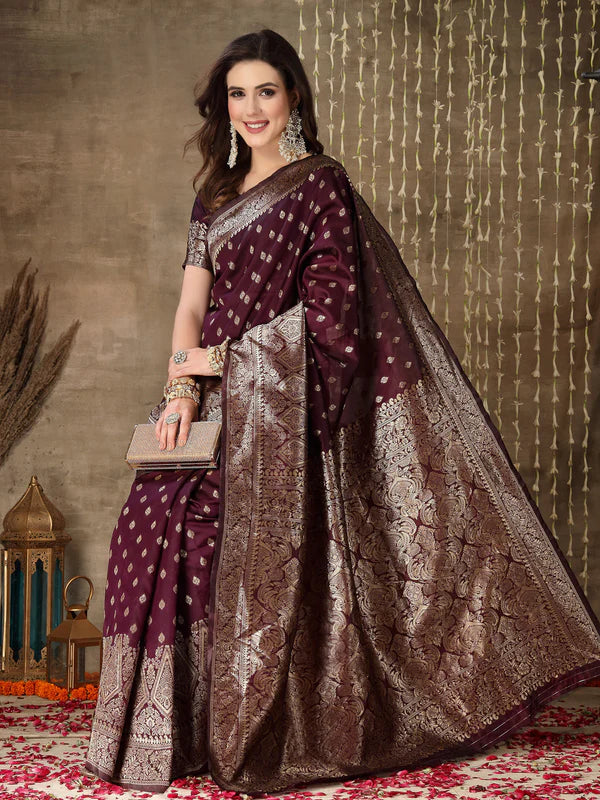 WINE ETHNIC MOTIFS WOVEN DESIGN ZARI SILK BLEND BANARASI SAREE