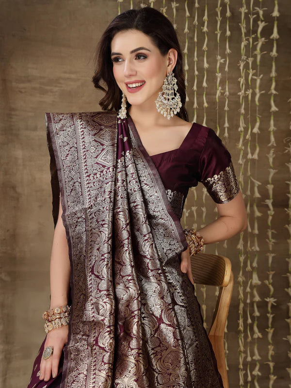 WINE ETHNIC MOTIFS WOVEN DESIGN ZARI SILK BLEND BANARASI SAREE