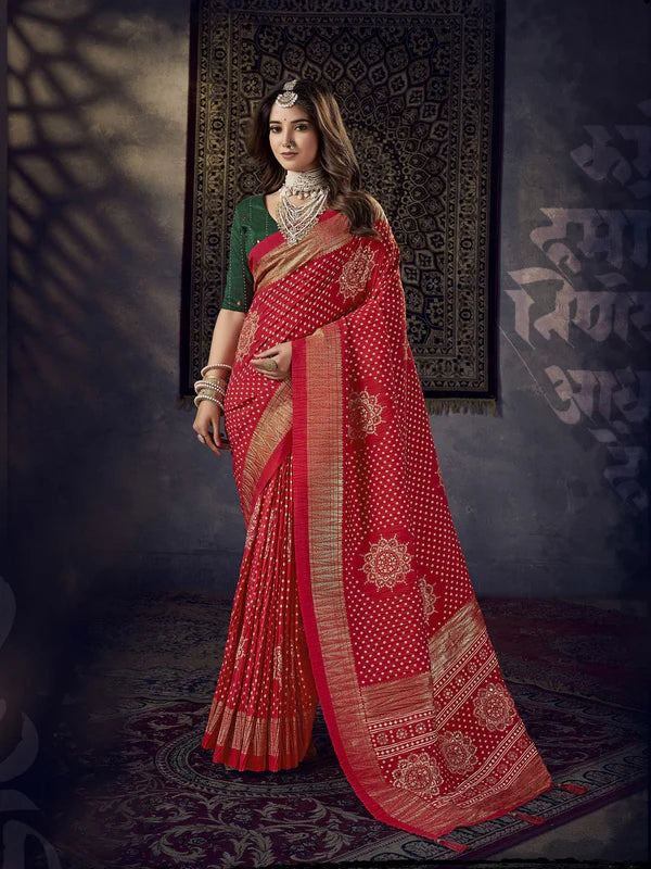 Red Bhandej Aari Work Crushed Silk Saree