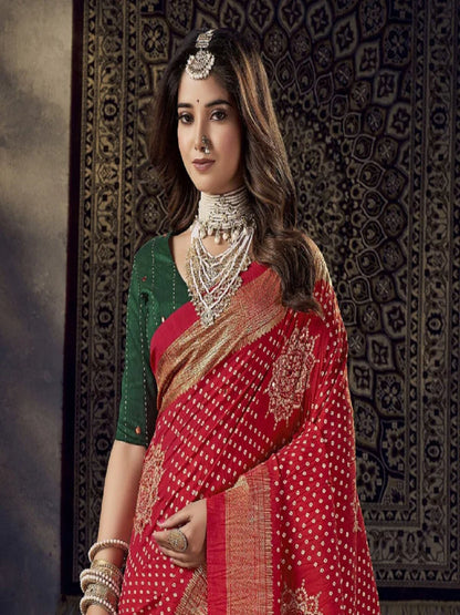 Red Bhandej Aari Work Crushed Silk Saree