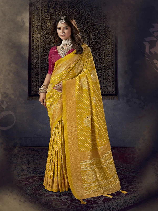 Mustard Bhandej Aari Work Crushed Silk Saree