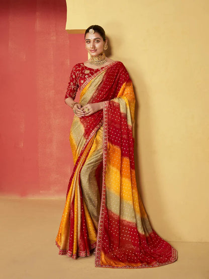 Red Leheriya Coding Border Foil Chiffon Saree