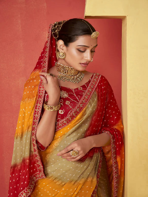 Red Leheriya Coding Border Foil Chiffon Saree