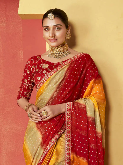 Red Leheriya Coding Border Foil Chiffon Saree