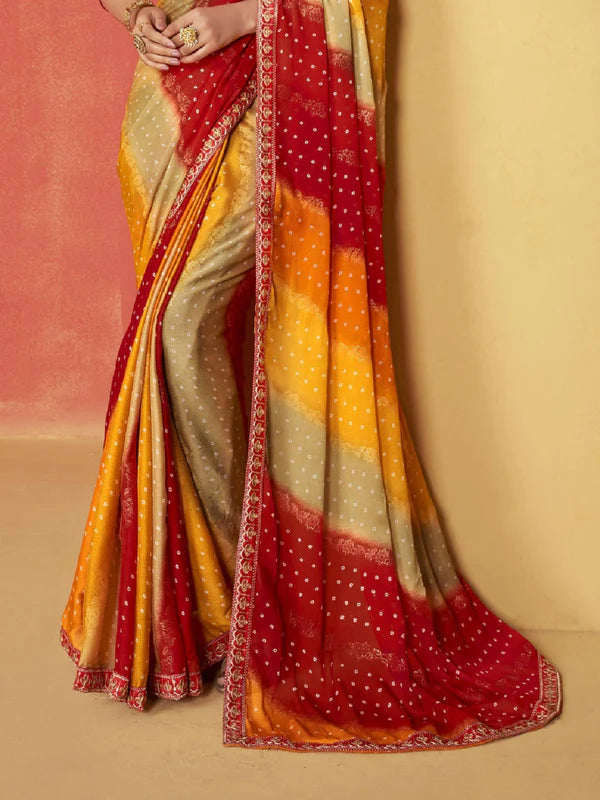 Red Leheriya Coding Border Foil Chiffon Saree