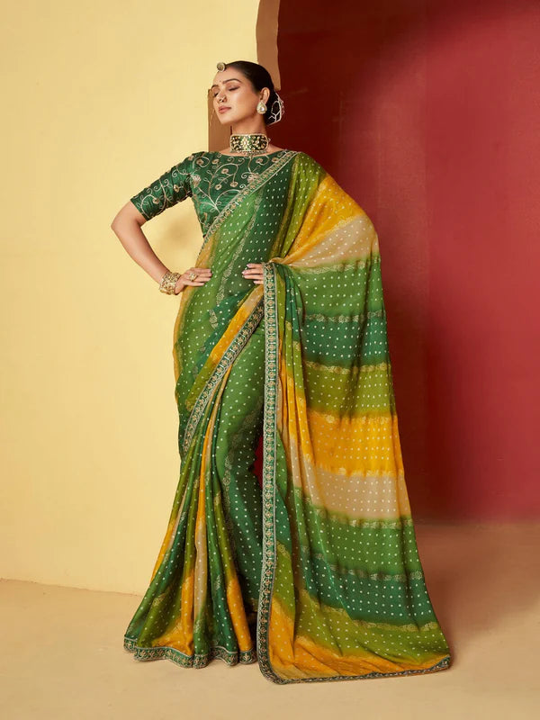 Green Leheriya Coding Border Foil Chiffon Saree