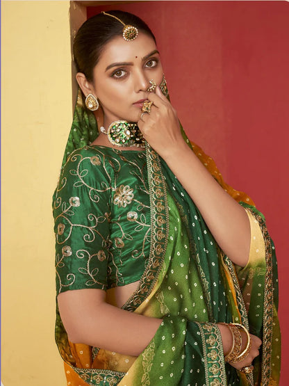 Green Leheriya Coding Border Foil Chiffon Saree