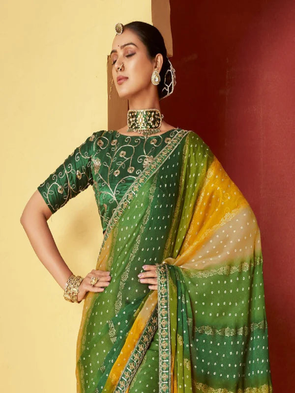 Green Leheriya Coding Border Foil Chiffon Saree