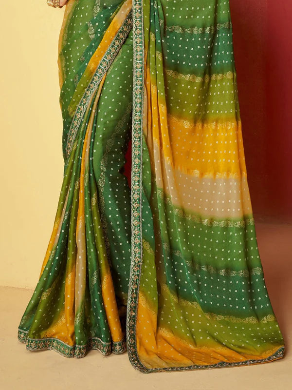 Green Leheriya Coding Border Foil Chiffon Saree