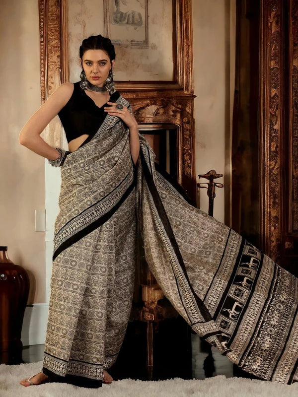 Off White Traditional Folklore Printed Bhagalpuri Silk Saree