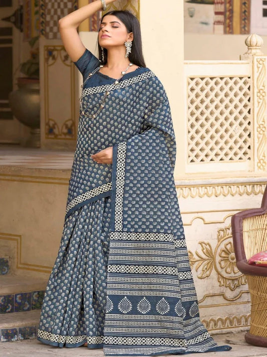 Navy Blue Ethnic Motifs Printed Bhagalpuri Silk Saree