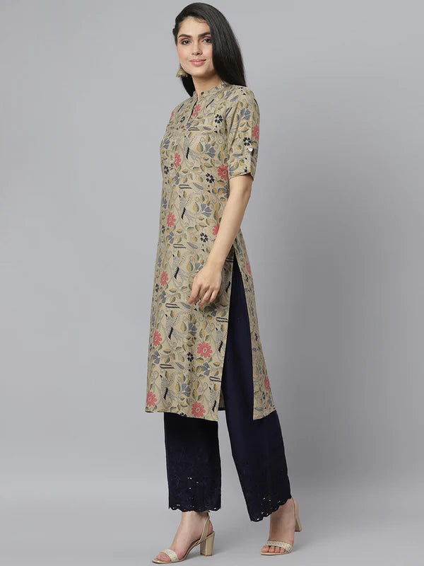 WOMEN'S FLORAL PRINTED RAYON A-LINE KURTA