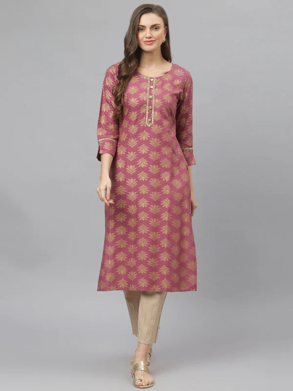 WOMEN GOLD PRINTED RAYON STRAIGHT KURTA