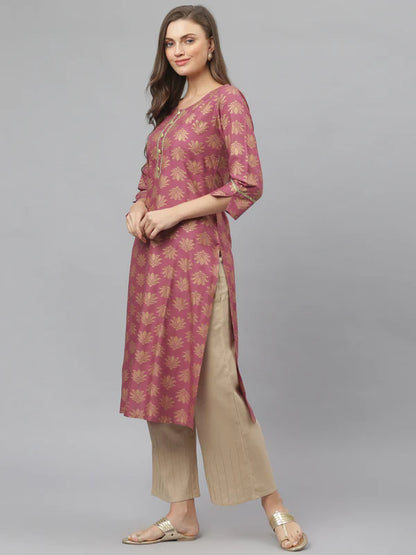 WOMEN GOLD PRINTED RAYON STRAIGHT KURTA