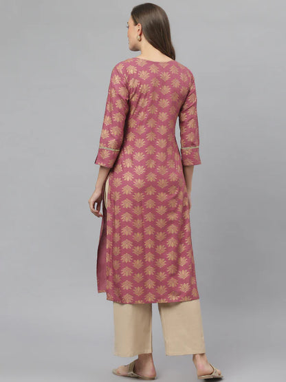 WOMEN GOLD PRINTED RAYON STRAIGHT KURTA