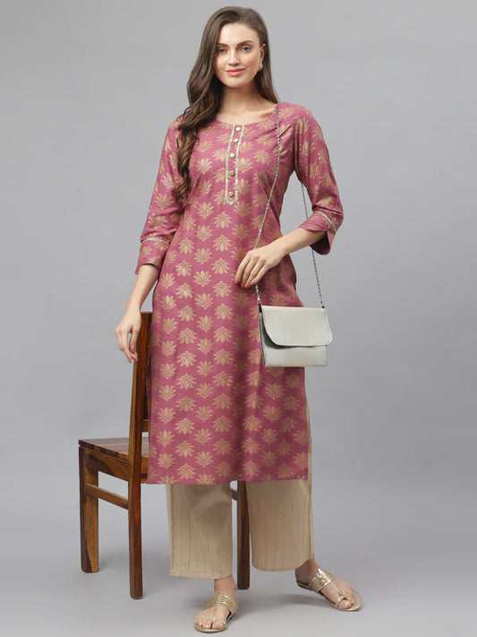 WOMEN GOLD PRINTED RAYON STRAIGHT KURTA