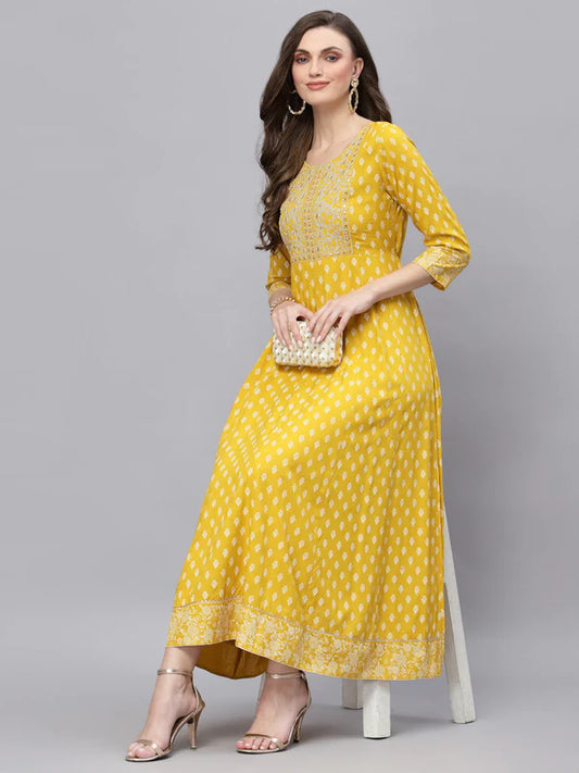 MUSTARD PRINTED & EMBROIDERED RAYON FLARED KURTA