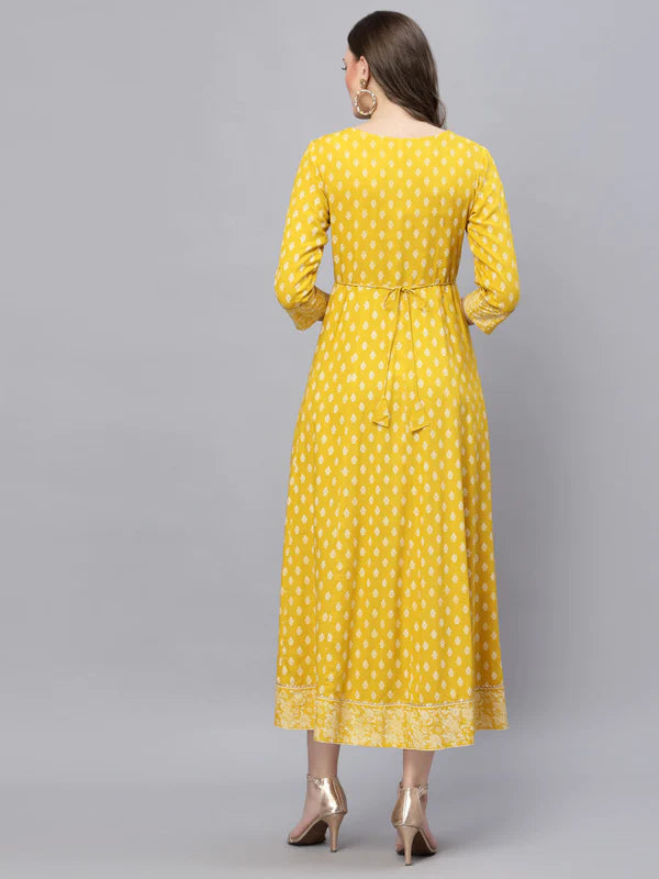 MUSTARD PRINTED & EMBROIDERED RAYON FLARED KURTA