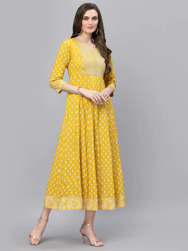 MUSTARD PRINTED & EMBROIDERED RAYON FLARED KURTA