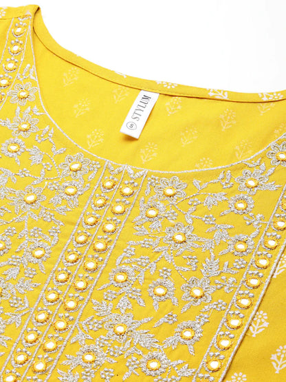 MUSTARD PRINTED & EMBROIDERED RAYON FLARED KURTA