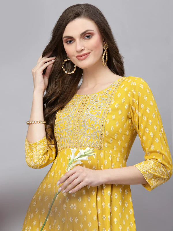 MUSTARD PRINTED & EMBROIDERED RAYON FLARED KURTA