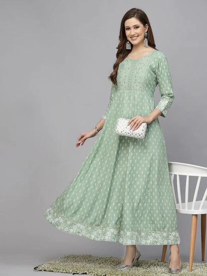 GREEN PRINTED & EMBROIDERED RAYON ANARKALI KURTA