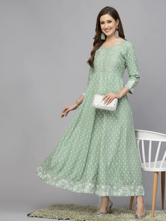 GREEN PRINTED & EMBROIDERED RAYON ANARKALI KURTA