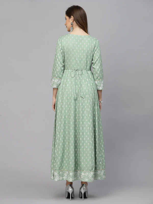 GREEN PRINTED & EMBROIDERED RAYON ANARKALI KURTA