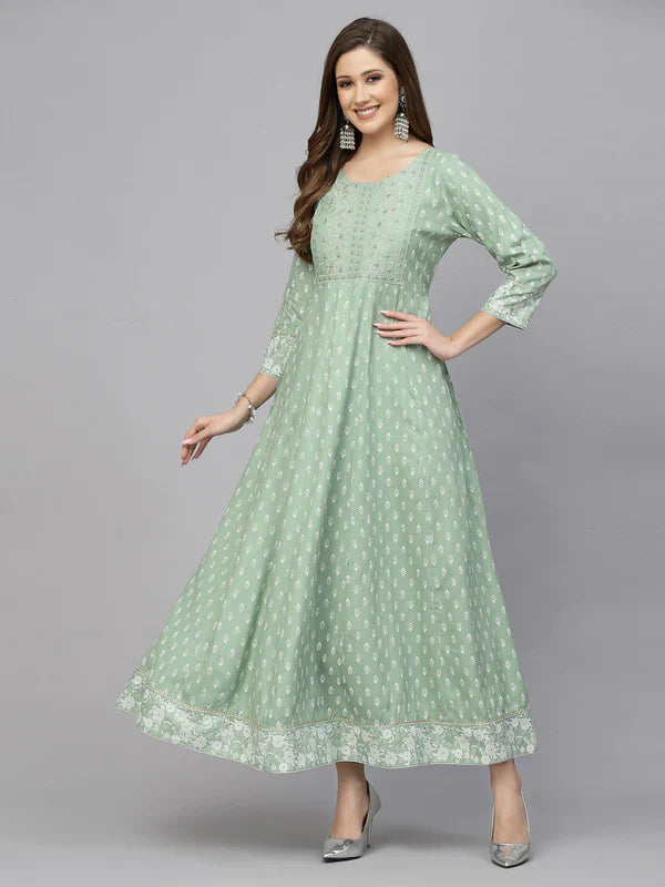 GREEN PRINTED & EMBROIDERED RAYON ANARKALI KURTA