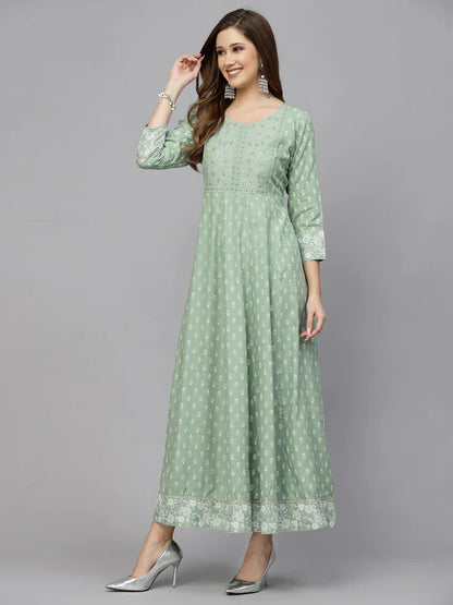 GREEN PRINTED & EMBROIDERED RAYON ANARKALI KURTA