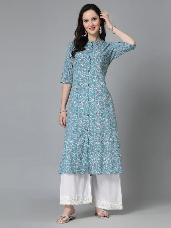 FLORAL PRINTED COTTON A-LINE KURTA